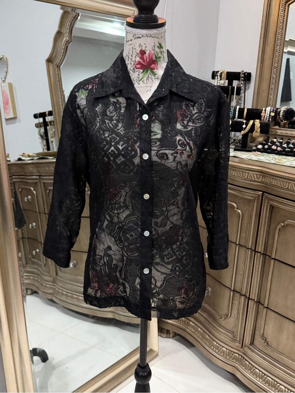 Black Sheer Lace Button-Front Blouse Jacket